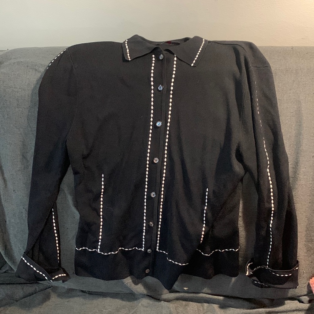 Black with white trim women’s sweater. Perfect for the workplace!